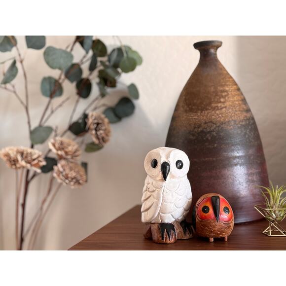 Hand-Carved Wooden Owl Figurines Set, White & Red-Black, Earthy Cute Home Decor - Picture 8 of 8